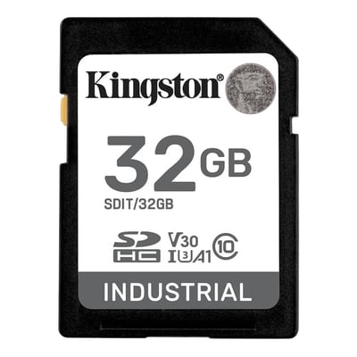 Kingston 32GB SDHC Industrial pSLC Class10 SD-kort med UHS-I, U3, V30, A1 standarder på sort baggrund.