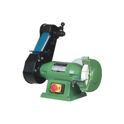 Scantool Slibette 6NE bænksliber i grøn med båndpudser, 230V, viser slibeskive og båndarm.