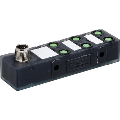 Murrelektronik EXACT8 med 6 M8 3-polede porte og 8-polet M12 stik på enheden i mørkegrå plast.