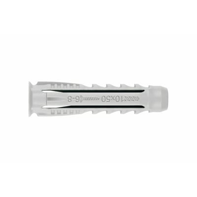 Index ekspansionsdybel 10x50 mm, en hvid nylon dybel med modhager og mærket '8-9'.