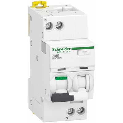 Schneider Electric Acti9 iCV40N kombiafbryder, 2-polet, C 6A, 300mA ASI type, vist forfra med tydelig betjeningsknap.