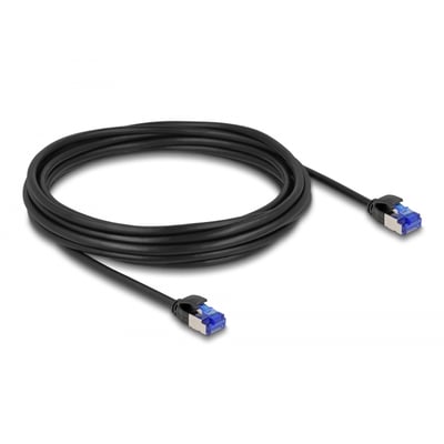 Sort, slankt DeLock Cat.6A S/FTP-netværkskabel på 5 meter, oprullet med RJ45-hanstik i begge ender.