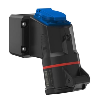 Walther-Werke CEE kombivægudtag NEO i rød og sort med blåt Schuko udtag, 16A, 400V, IP54, vist på hvid baggrund.