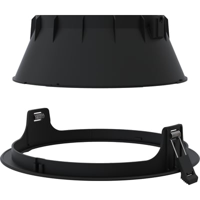 Close-up af Ansell Lighting Comfort DL downlight dele, viser sort ydre kabinet og monteringsring.