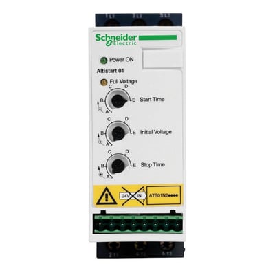 Schneider Electric Altistart 01 softstarter med 12A og 480V, monteret på DIN-skinne med synlige indstillingsknapper.