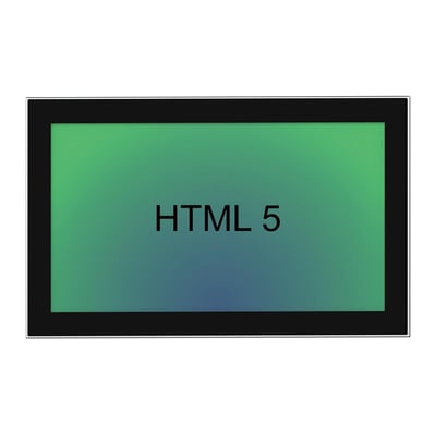 15,6" industriel touch skærm med teksten HTML 5, vist på en grøn/blå gradient baggrund.
