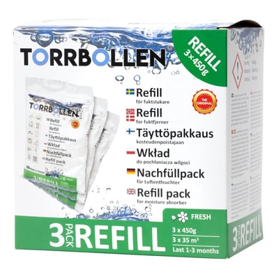Fresh Torrbollen affugter refills i 3-pack med "Fresh" duft, hver refill indeholder 450g magnesiumklorid. Pakken er grå og hvid med grønne detaljer.