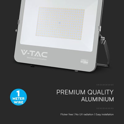 V-TAC 200 W LED-projektør med CREE-lyskilde og gråt frontpanel, vist i en grafik om aluminiumskonstruktionen.