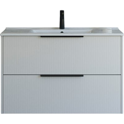 Dansani Mido+ Classic møbelpakke 101 cm i sand mat med to skuffer og stribet front, vist forfra med Amber vask og sort armatur.