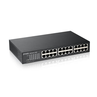 ZyXEL GS1100-24E 24-ports Gigabit Unmanaged Switch med et blæserfrit og energieffektivt design, placeret på en hvid baggrund med refleksion.