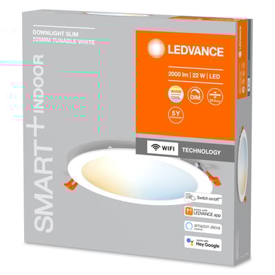 Emballage til Ledvance Smart+ Slim downlight 225mm Tunable White, viser WiFi teknologi og funktioner.
