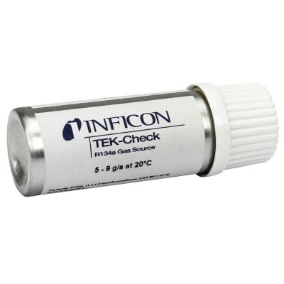 Inficon TEK-Check R134a kølemiddel gas kilde til lækagedetektorer, viser den kompakte metaldåse med hvid top.