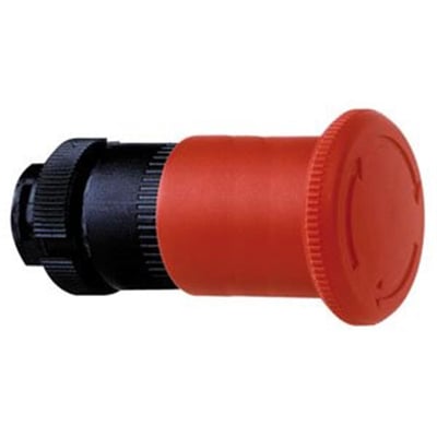 Detaljebillede af Schneider Electric nødstophoved, der viser den røde 40mm tryk- og drej-knap med symboler for frigørelse.