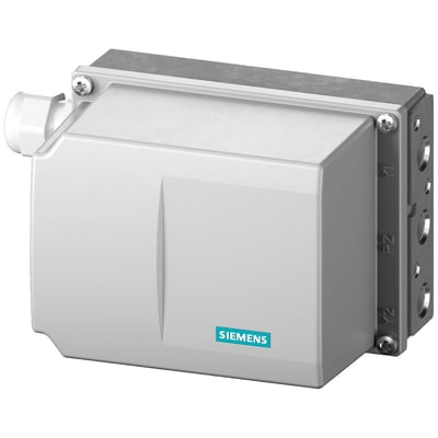 Siemens SIPART PS100 elektropneumatisk positioner med aluminiumskapsling, viser G1/4" pneumatiske tilslutninger og 4-20mA signal.