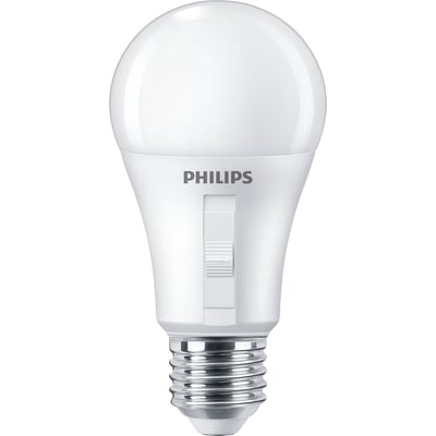 Philips CorePro A60 LED-pære med E27-fatning, hvid kuppel og synlig skydeknap til valg af lysfarve.