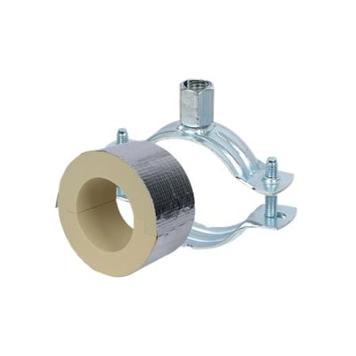 Walraven Bisofix PIR40 + 2S rørbøjle til 40 mm rør, set skråt forfra med isolerende ring og metalbeslag.