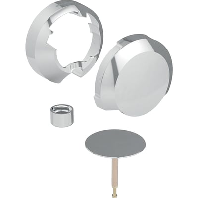 Geberit slutmontagesæt i blankforkromet finish med Ø52mm diameter, vist som adskilte dele.