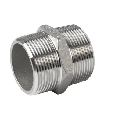 Syrefast brystnippel med NPT-gevind på begge ender og sekskantet midterstykke, 58 mm lang.