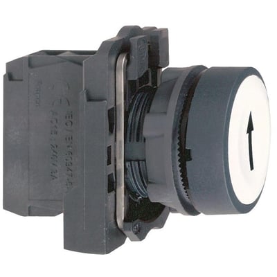 Schneider Electric trykknap med hvid flade og sort pil, Ø22 mm, set fra siden, viser den plan betjeningsflade og 1NO kontakt.