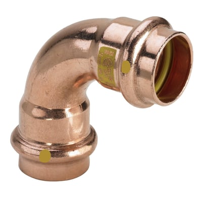 Detaljebillede af Viega Profipress gas bøjning i kobber, der viser 35 mm muffesamlingerne og gule markeringer for gas.