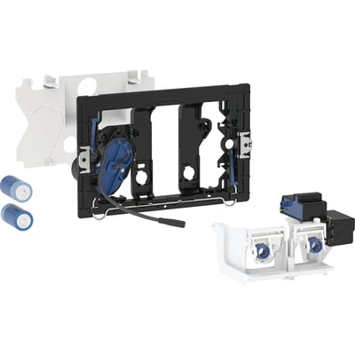 Geberit Sigma 12cm hygiejneskyl komponenter med Bluetooth og batteridrift, inklusive monteringsramme, batterier og skylleventil.