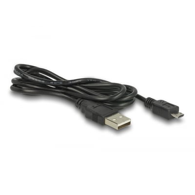 Sort USB til Micro-USB kabel med standard USB-A stik og Micro-USB B stik på hvid baggrund.