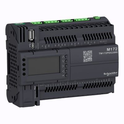 Schneider Electric M172 performance controller med display, USB-port og 28 relæudgange, vist på hvid baggrund.