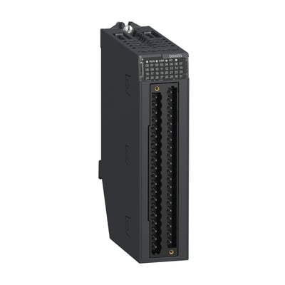 Schneider Electric X80 32-kanals indgangsmodul med 48VDC Sink Input og terminalblok for forbindelser på hvid baggrund.
