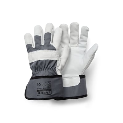 Work Solid arbejdshandske i størrelse 10, fremstillet af krom oksegarvet læder med hvid læderfront og grå stofbagside samt manchet.
