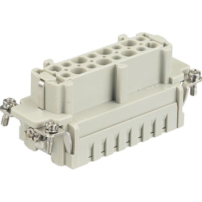 Nærbillede af Harting 25 polet hun stikindsats med detaljer om tilslutningsklemmer og mærkning for strøm og ledningsstørrelse.