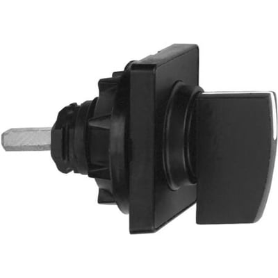 Schneider Electric 45x45 mm greb i matsort finish med synlig metalaksel og sort plastikkontakt på hvid baggrund.