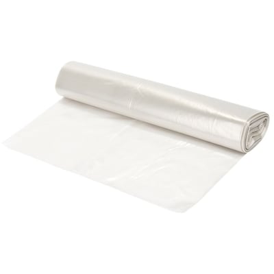 En rulle af hvide, gennemsigtige affaldsposer med 100 liters kapacitet, måler 500x175x1000 mm og har en tykkelse på 22 MY.