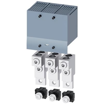Siemens lederklemme 3VA9 TA2,3 til 3VA6 150/250 med gråt dæksel og tre synlige tilslutningsdele.