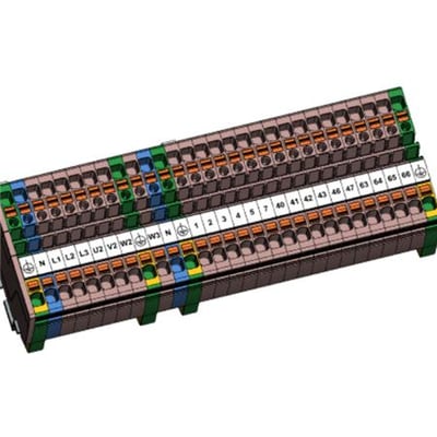 Weidmüller CSS-klemmerække med flere Push-In-klemmer og farvede markeringer, set skråt ovenfra.