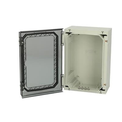 Fibox NEO PC 322215 T kapsling med transparent dæksel åbnet, viser det interne monteringsrum og vejrbeskyttende design.