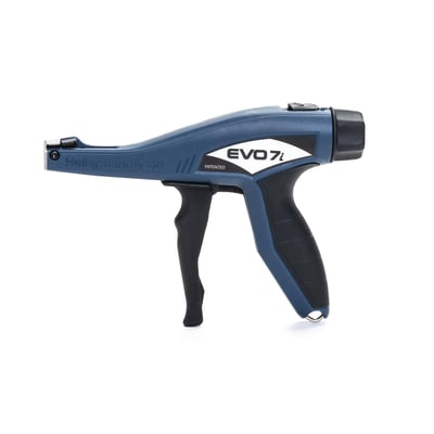 HellermannTyton EVO7I kabelbindertang til plast, 4,8 mm, sidevisning af den blå og sorte tang med ergonomisk greb på hvid baggrund.