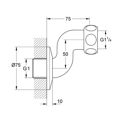 Teknisk tegning af Grohe S-tilslutning med dimensioner for G1 og G1 1/4 gevind, samt diametre og længder.
