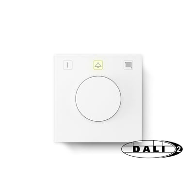 Jumitech DALI-2 potentiometer i hvid til grupper og scener, med symboler for lys, gardiner og en cirkulær drejeknap.