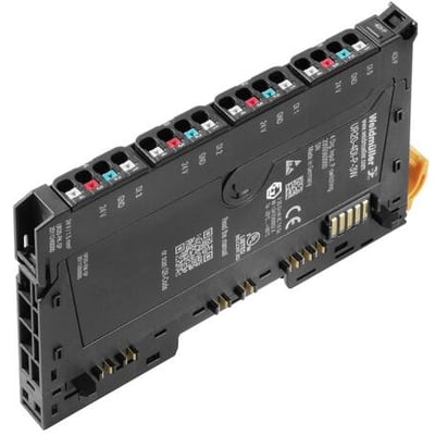 Weidmüller digital input modul UR20-4DI-P-3W med 4 indgange, viser tilslutningsklemmer og system bus interface på sort plastkabinet.