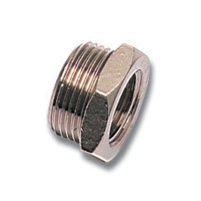 Parker Legris reduktionsmuffe i forniklet messing, 3/8" udvendigt gevind til 1/8" indvendigt gevind, ROHS-kompatibel.