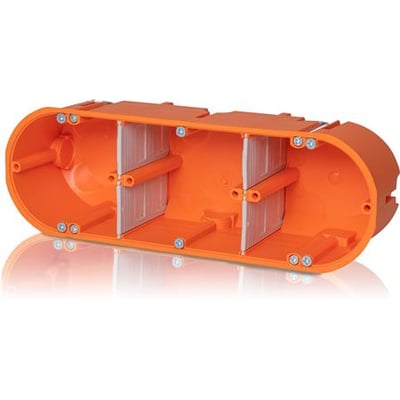 Orange 3-moduls forfradåse til hulrum med 68 mm hulstørrelse, vist fra siden med synlige montageskruer og rørindføringer.
