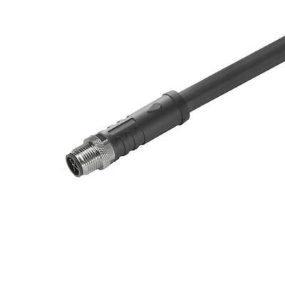 Weidmüller sensor-aktuator kabel med lige M12-stik og sort kabel, vist skråt fra siden.