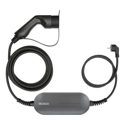 Deltaco e-Charge Mode 2 ladekabel i sin helhed, viser opladerens styreboks og begge enders stik med kabellængde.