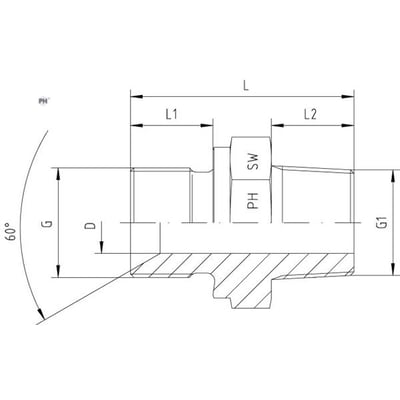 Måltegning af PH syrefast hydraulikbrystnippel med 3/8-tommers BSPP/BSPT-gevind, vist i snit med 60° konus.