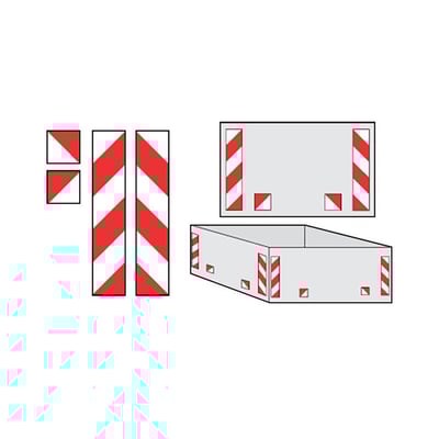 Illustration af container afmærkninger med røde og hvide reflekser, der viser hvordan de klæbes på sider og ender af en container.