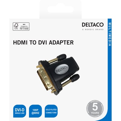 Deltaco HDMI til DVI-D single link-adapter i sort, vist på emballagen med DVI-stikket fremme.