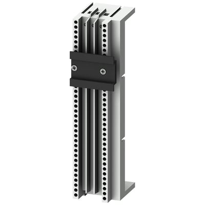 Siemens 8US1 samleskinne til 60mm skinnesystem i plast, vist med en sort monteringsklips og to skruer.