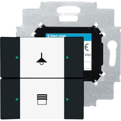 ABB KNX betjeningselement med 2-tryk i antracitgrå, viser trykflader med lys- og persiennesymboler på en hvid baggrund.
