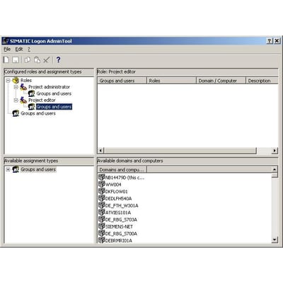 Screenshot af Siemens SIMATIC Logon AdminTool, viser konfigureret roller og grupper samt tilgængelige domæner og computere.
