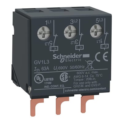 Schneider Electric strømbegrænser GV1-L3 i detalje, viser mærkningerne for spænding og strøm, samt CE og UL logoer.